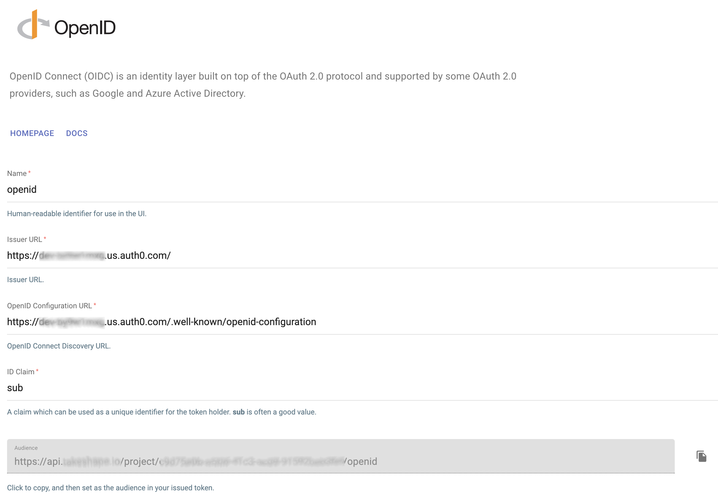 Example of OIDC service config settings